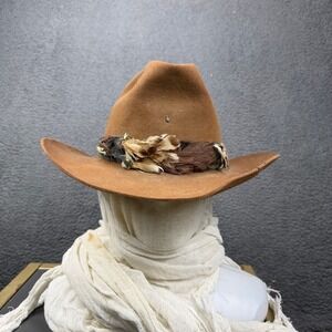 Churchill Ltd Vintage Brown‎ Felt Western Cowboy Hat Feather Band Size 7.5